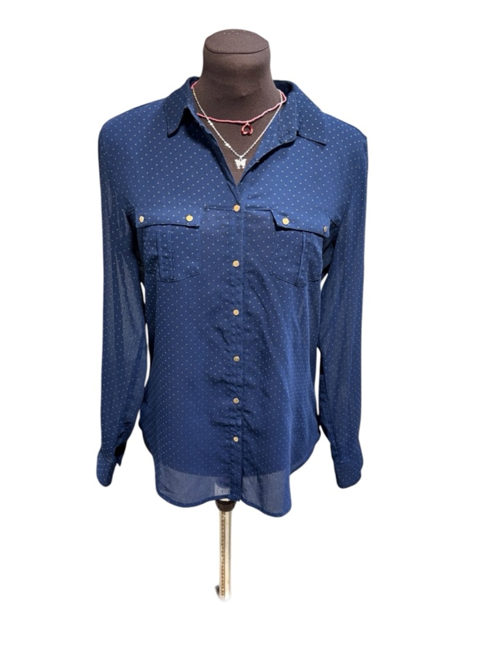 MNG by Mango Womens Sz S Navy Blue Sheer Polka Dot Button Down Blouse Casual Top